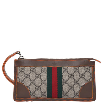 Gucci GG Supreme Monogram Web Small Pouch Clutch Dark Brown 1 of 6