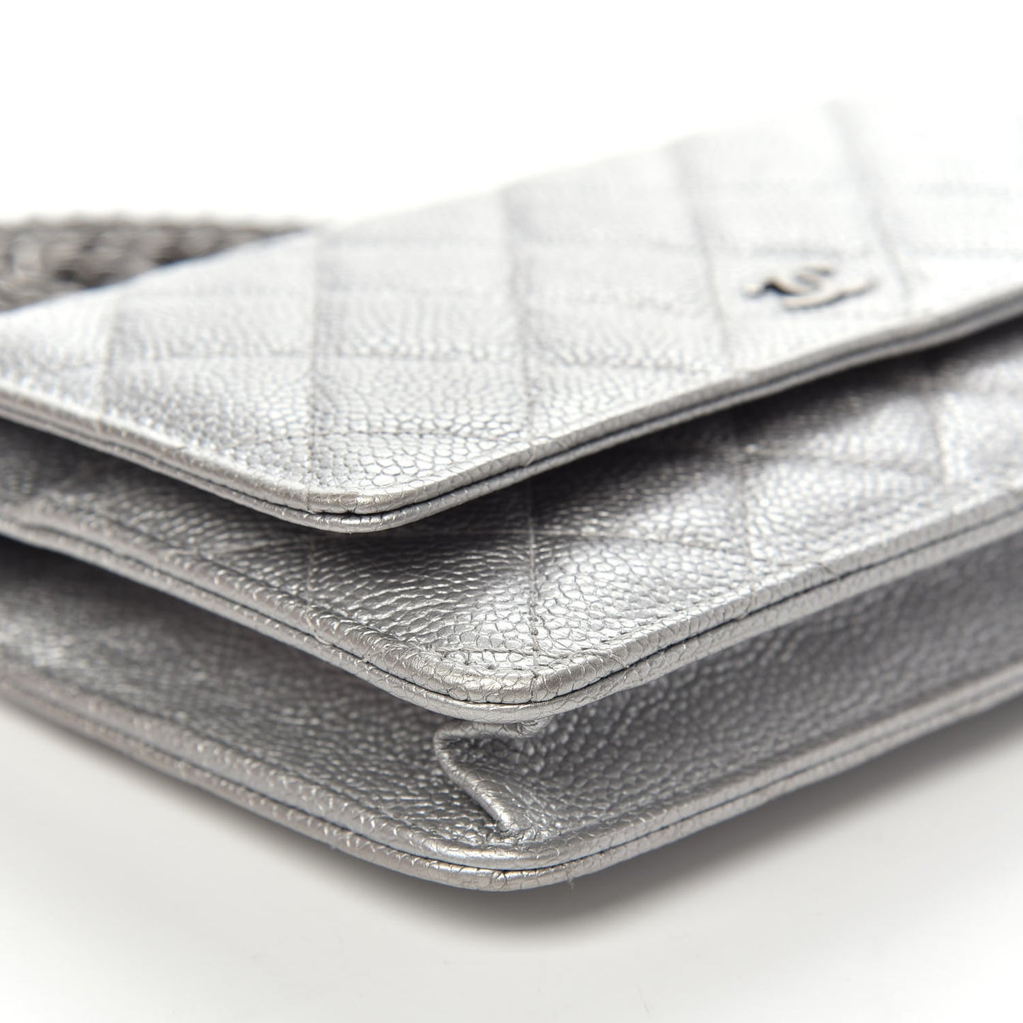 Metallic Caviar Quilted Wallet on Chain WOC Silver