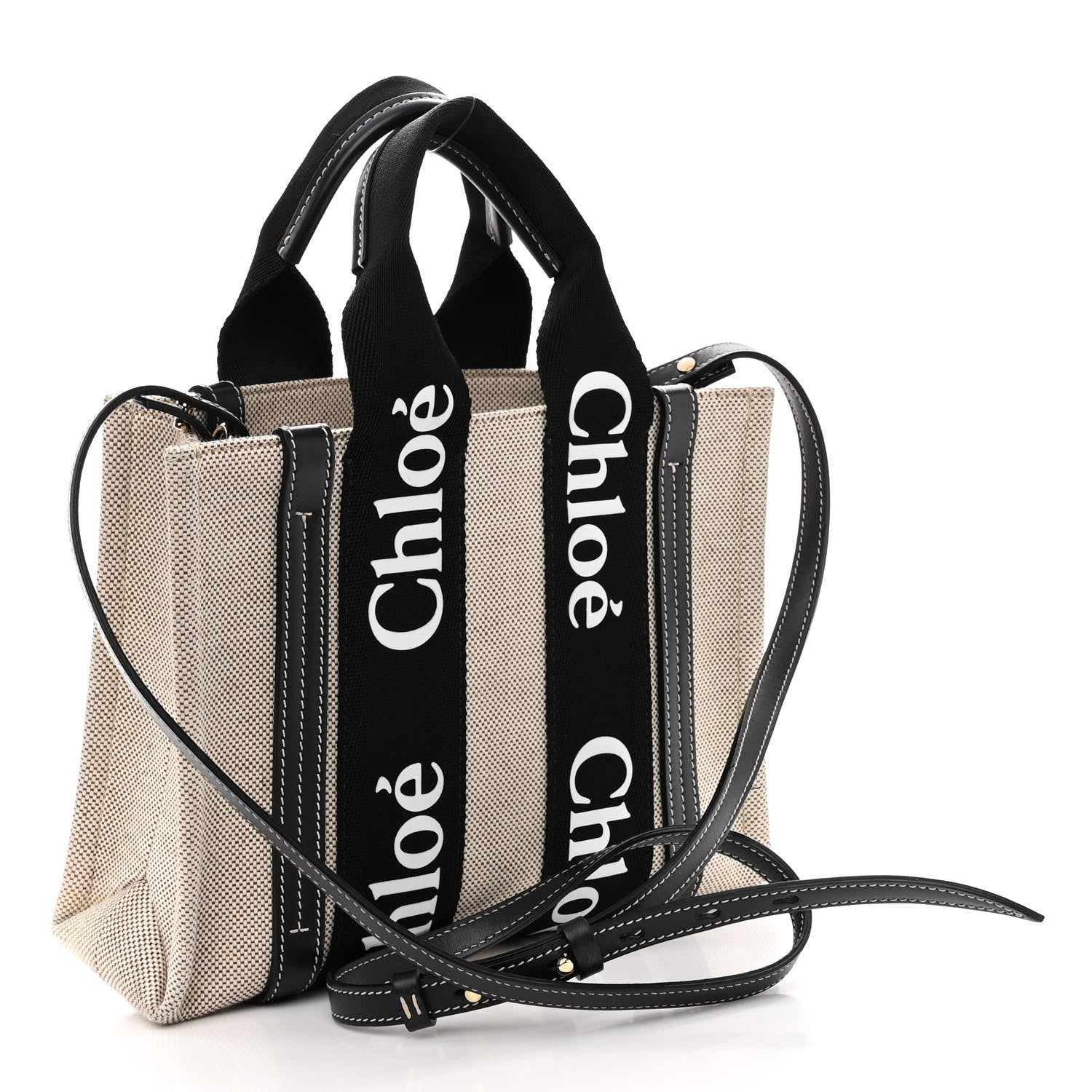 Chloe Cotton Calfskin Small Woody Ribbon Tote With Strap Black Blue 3 of 9