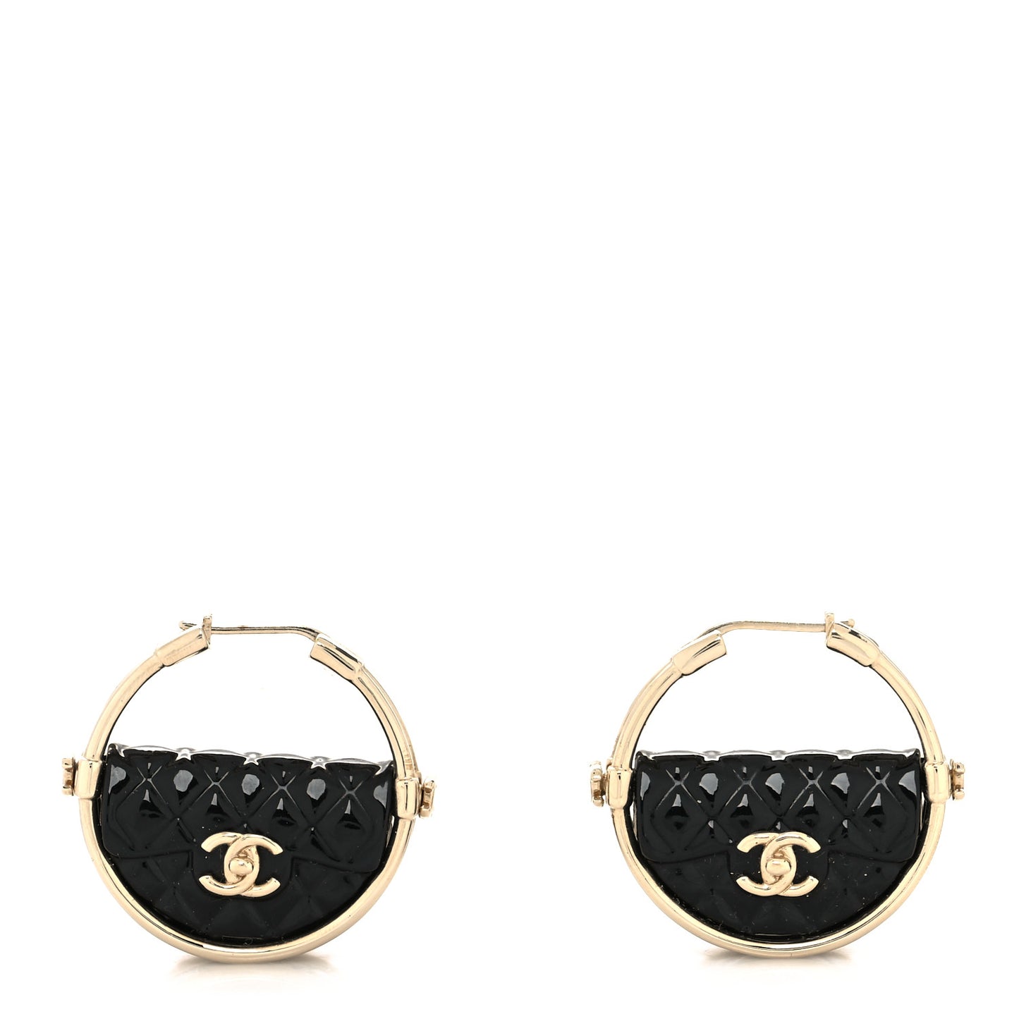 Metal Resin Quilted Flap Bag Hoop Earrings Black Gold