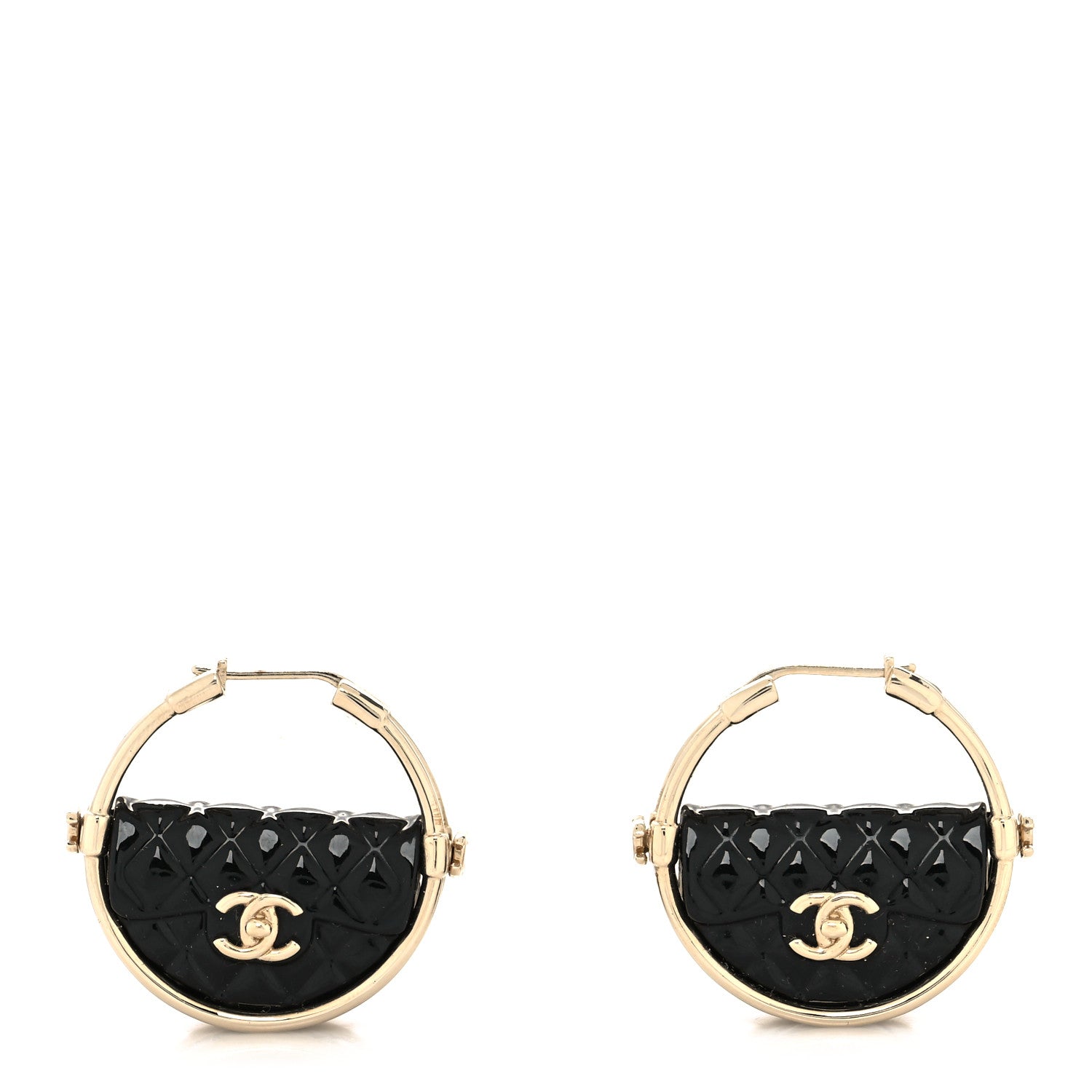 Chanel Metal Resin Quilted Flap Bag Hoop Earrings Black Gold 1 of 4