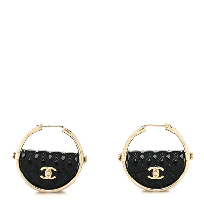 Chanel Metal Resin Quilted Flap Bag Hoop Earrings Black Gold 1 of 4