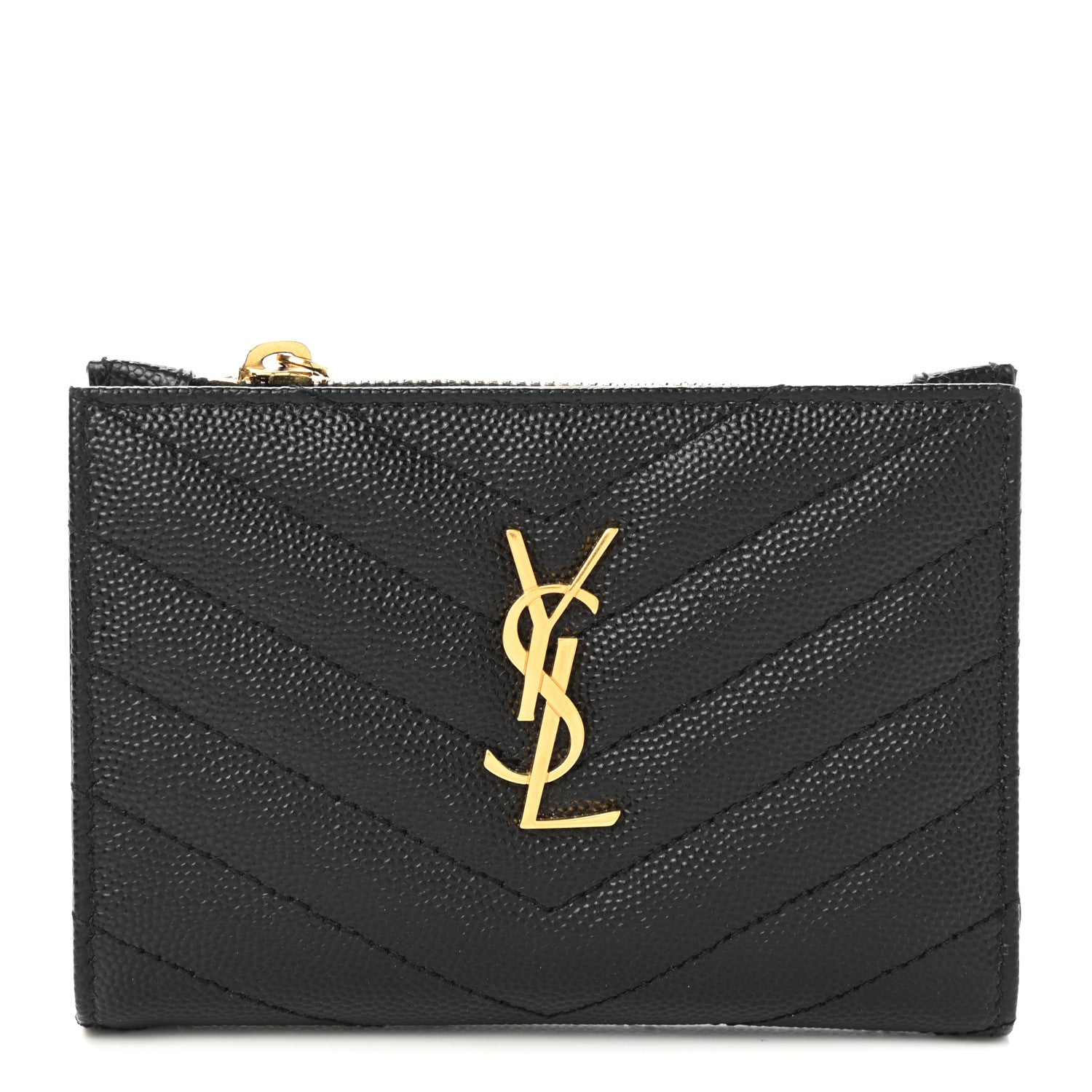 Saint Laurent Grain De Poudre Matelasse Chevron Monogram Zipped Two-Part Wallet Black 1 of 7