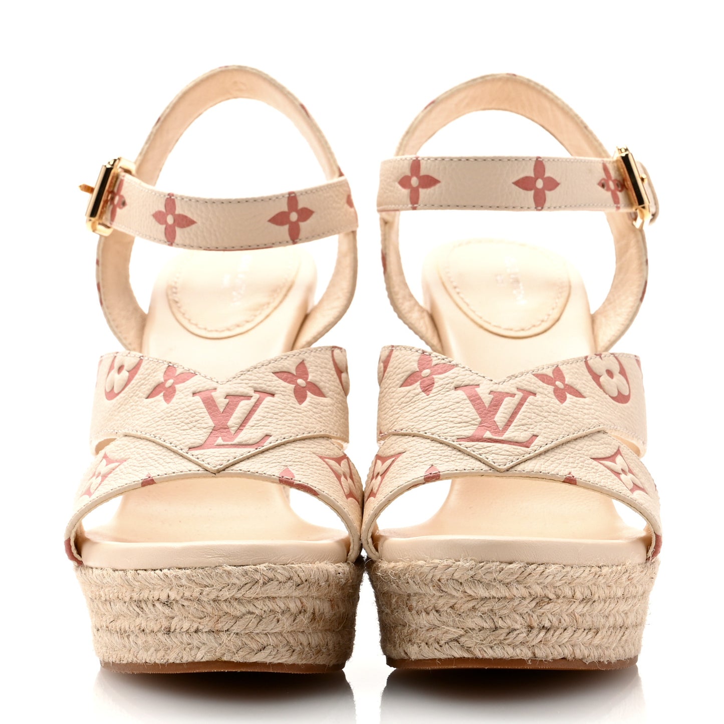 Calfskin Monogram Embossed Espadrille Wedge Sandals 39 Creme Bois De Rose