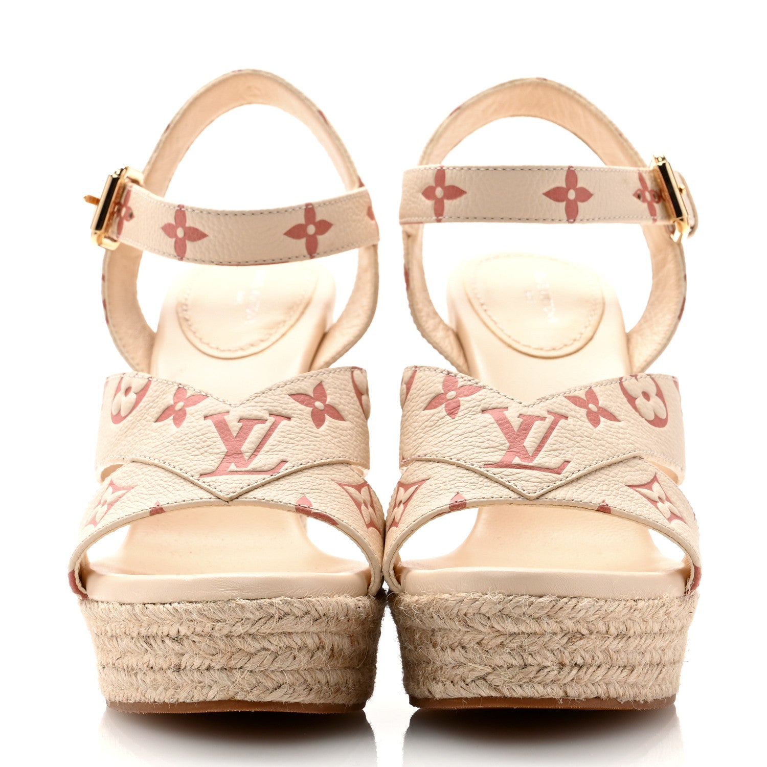 Louis Vuitton Calfskin Monogram Embossed Espadrille Wedge Sandals 39 Creme Bois De Rose 2 of 10