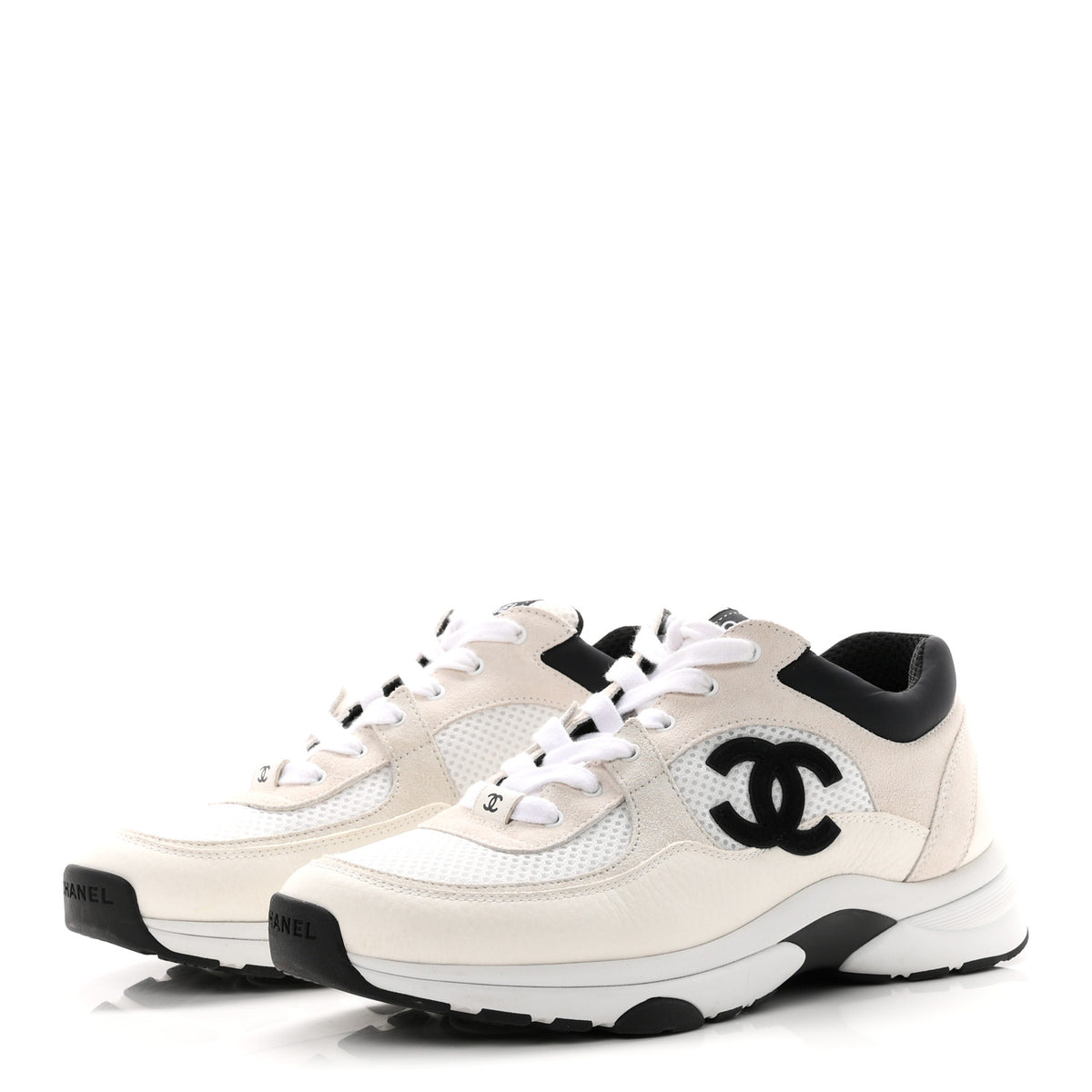 Mesh Suede Calfskin Grained Calfskin Womens CC Sneakers 40.5 White Black