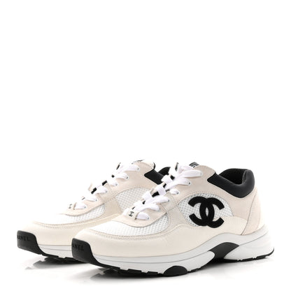 Chanel Mesh Suede Calfskin Grained Calfskin Womens CC Sneakers 40.5 White Black 4 of 9