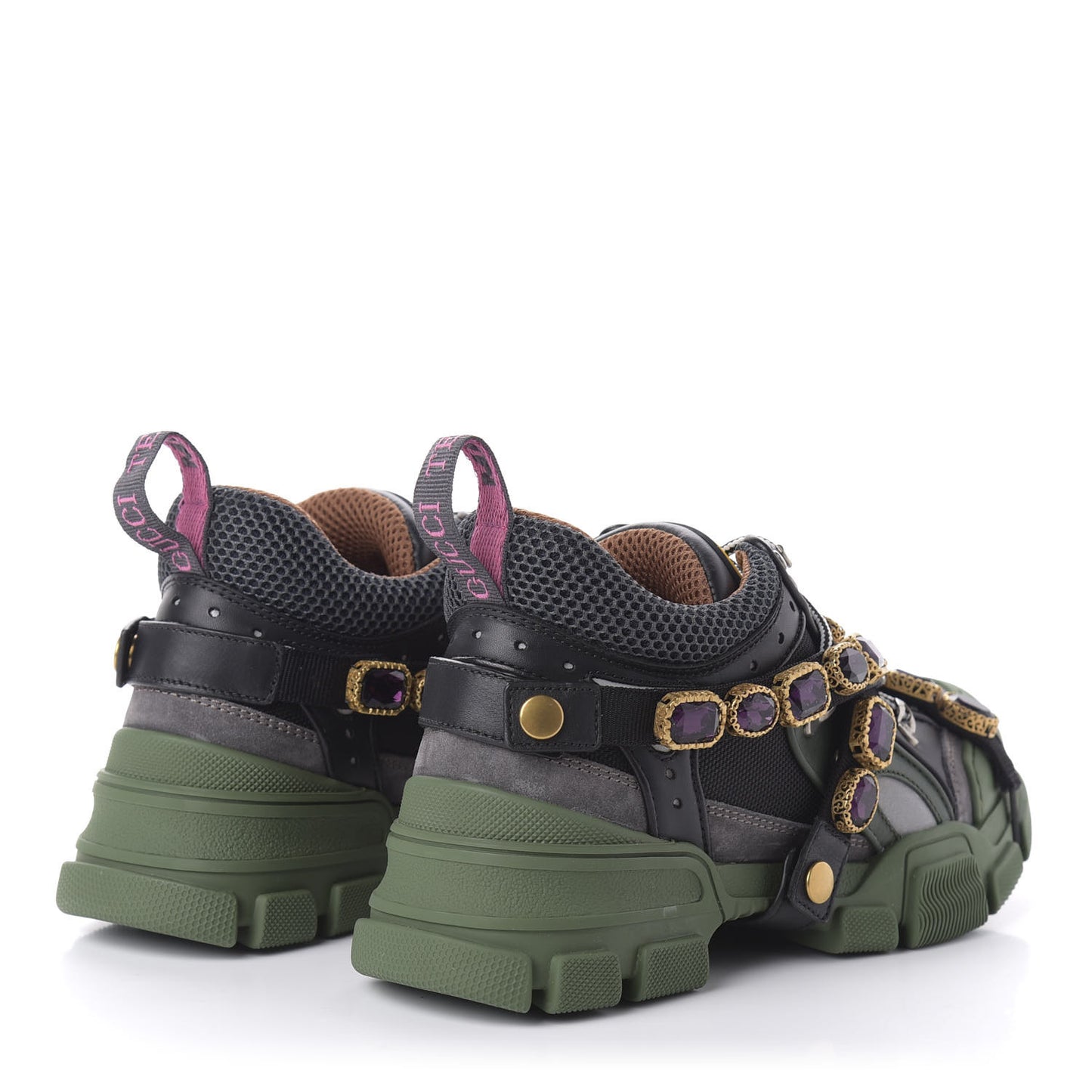 X SEGA Mesh Suede Calfskin Removable Crystals Flashtrek Sneakers 37 Loess Black Olive Green