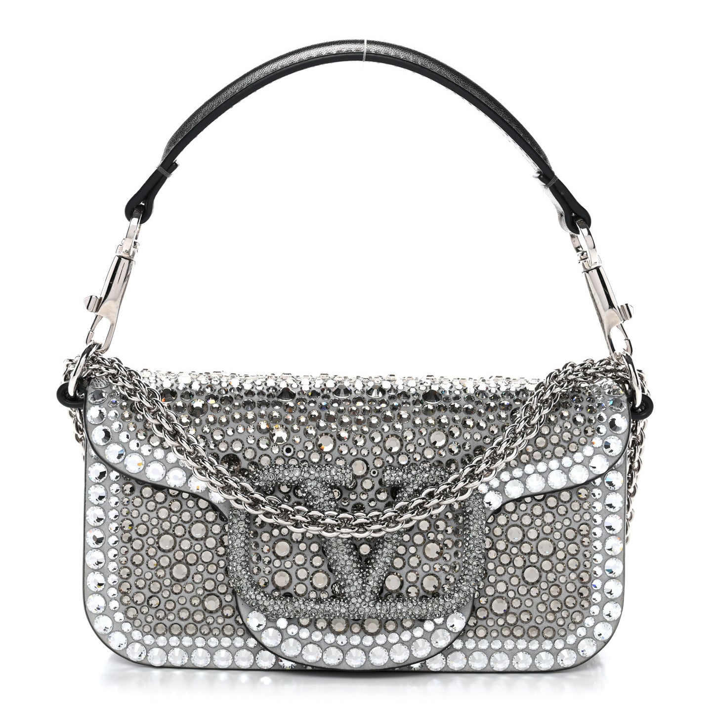 Crystal Suede Enamel Vlogo Small Loco Shoulder Bag Silver