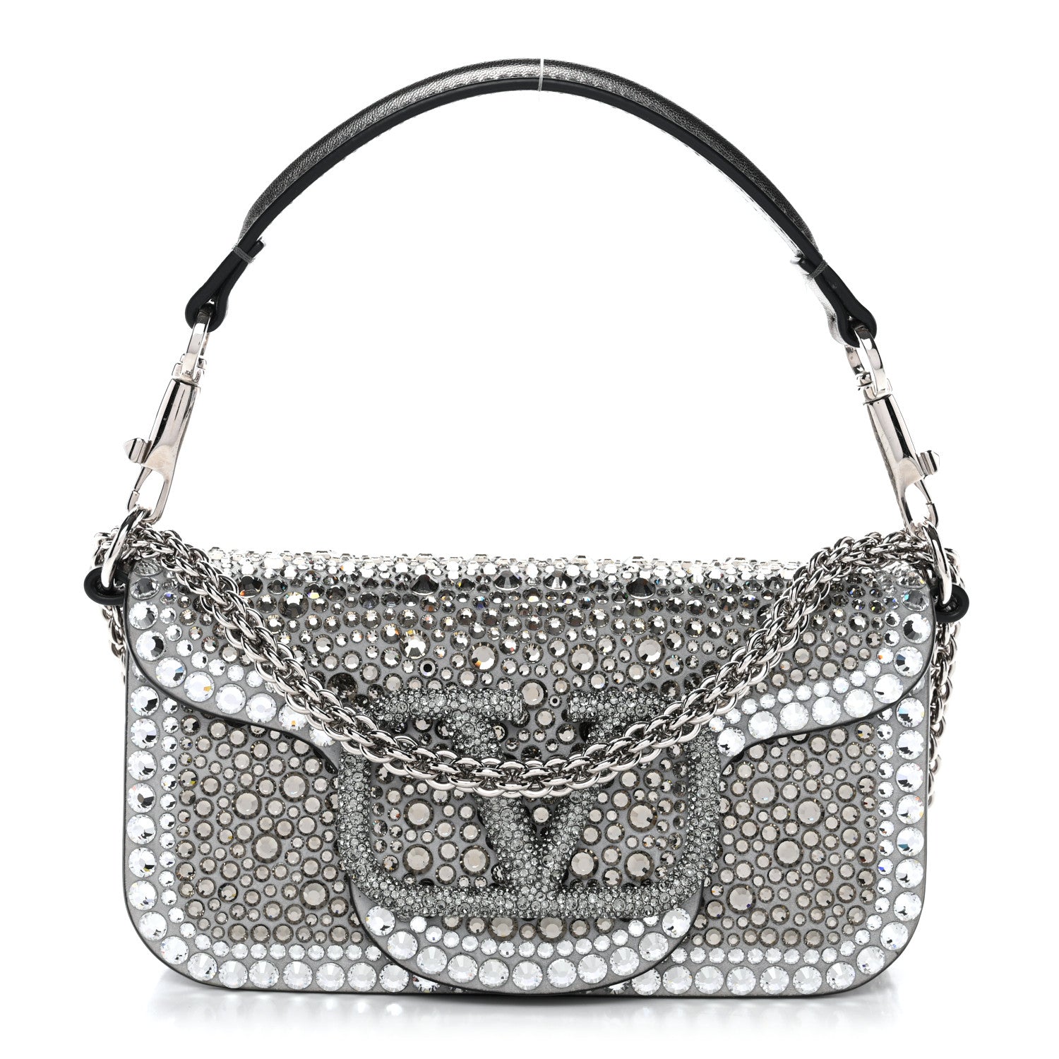 Valentino Garavani Crystal Suede Enamel Vlogo Small Loco Shoulder Bag Silver 1 of 12