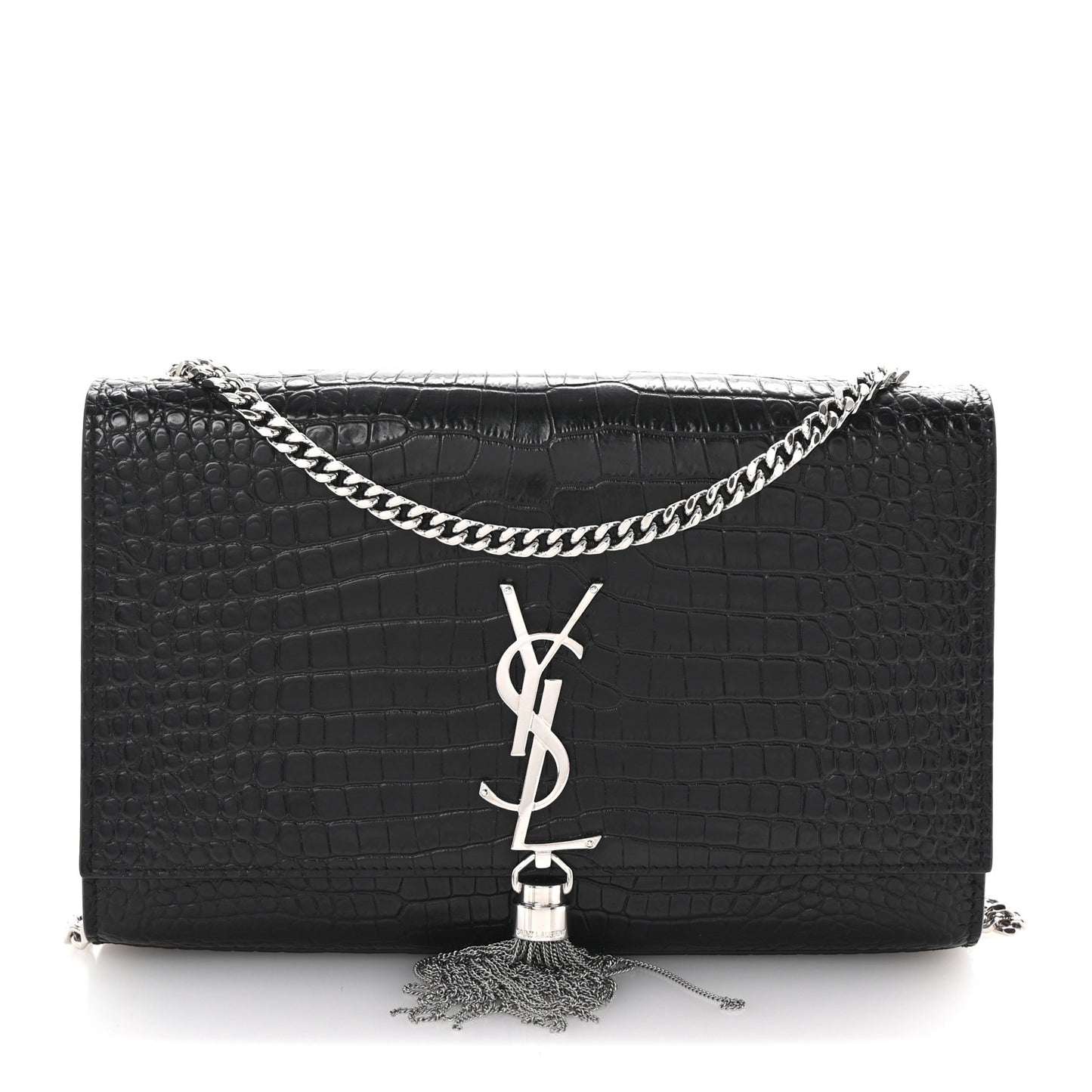 Calfskin Crocodile Embossed Medium Classic Monogram Kate Tassel Satchel Black