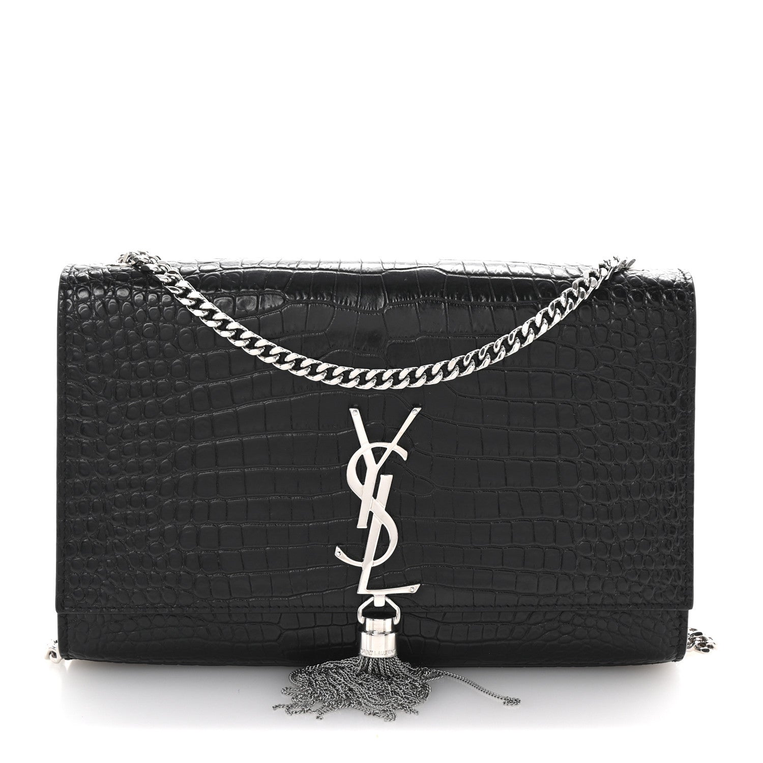 Saint Laurent Calfskin Crocodile Embossed Medium Classic Monogram Kate Tassel Satchel Black 1 of 9