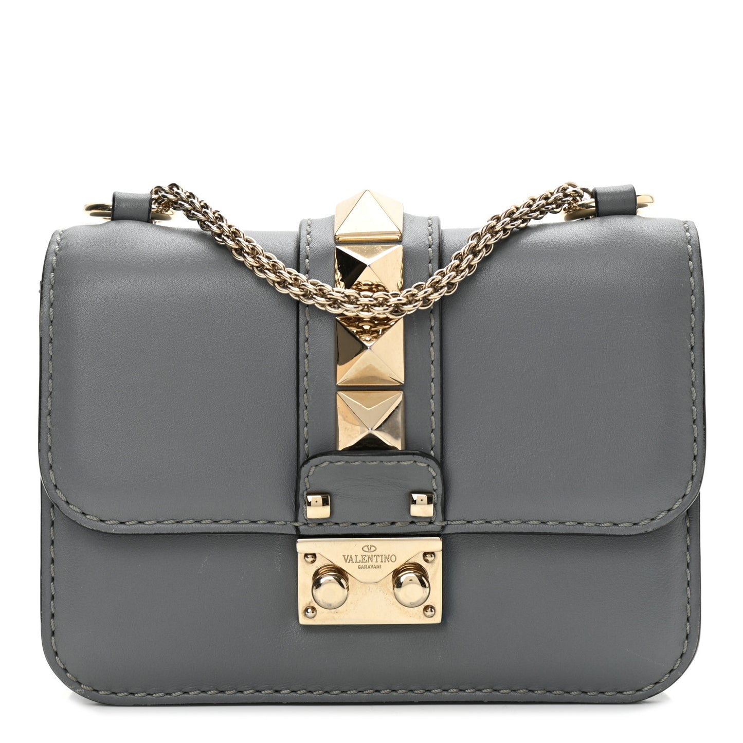 Vitello Mini Glam Lock Rockstud Flap Light Stone