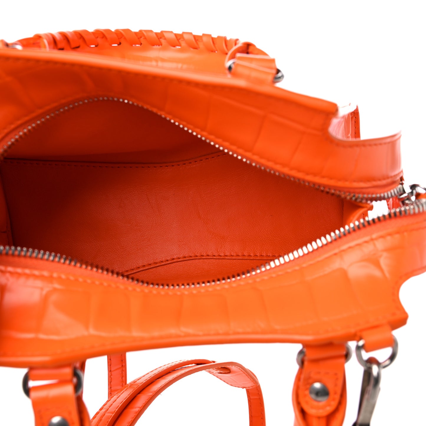 Semi Shiny Calfskin Crocodile Embossed Neo Classic Silver Hardware Mini City Orange