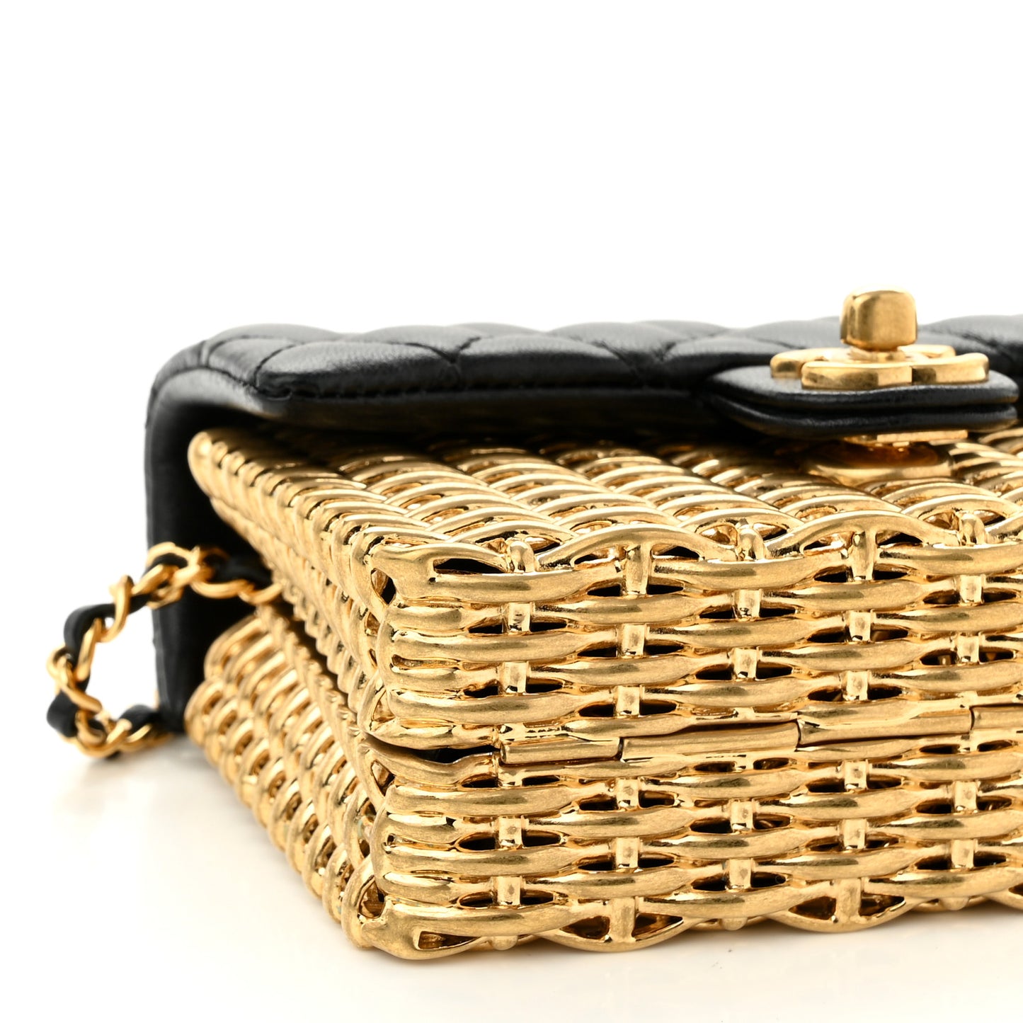 Woven Metal Lambskin Quilted Small Flap Black Gold