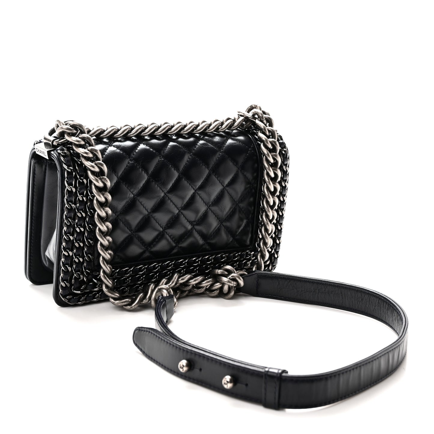 Glazed Calfskin Quilted Small Boy Chained Flap Navy