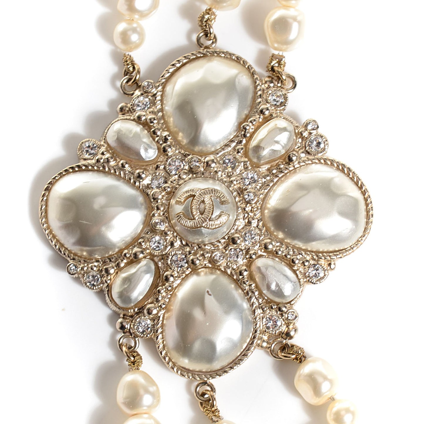 Pearl Crystal Triple Strand CC Necklace Gold
