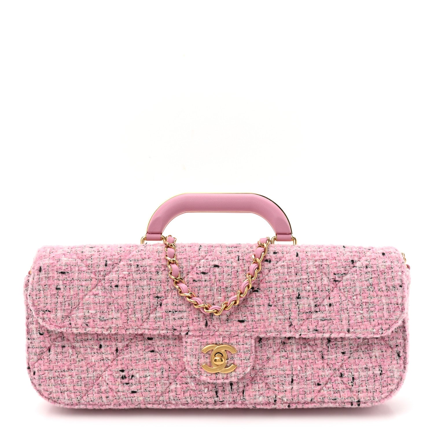 Chanel Tweed Large Top Handle Clutch With Chain Pink Black Ecru 1 of 10