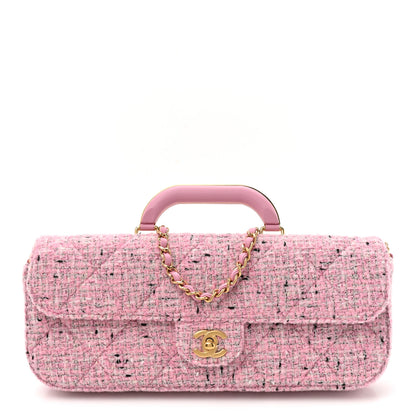 Chanel Tweed Large Top Handle Clutch With Chain Pink Black Ecru 1 of 10