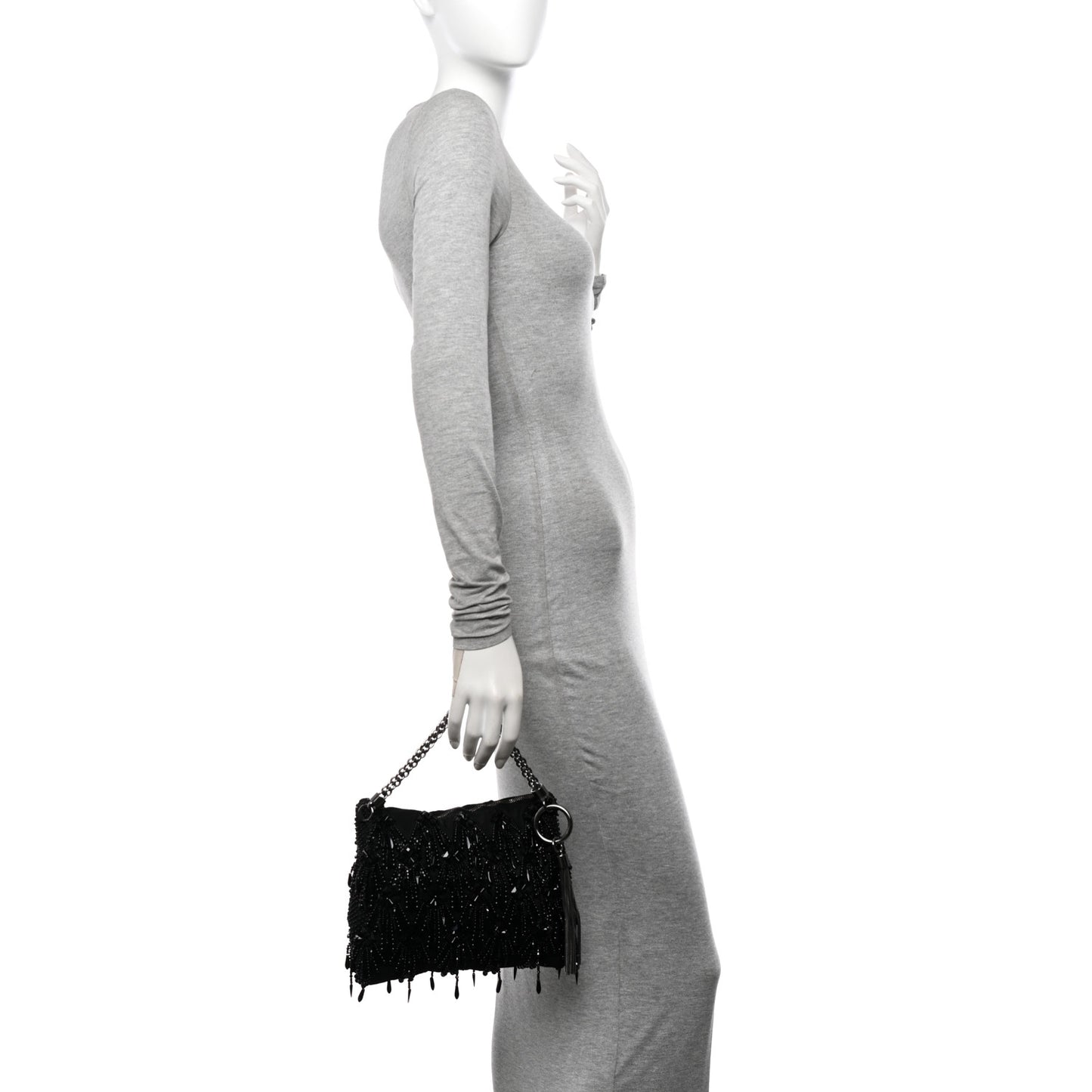 Satin Bead Embellished Callie Fringe Tassel Chain Evening Bag Black