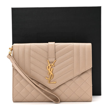 Saint Laurent Grain De Poudre Textured Mixed Matelasse Triquilt Monogram Clutch Dark Beige 9 of 9