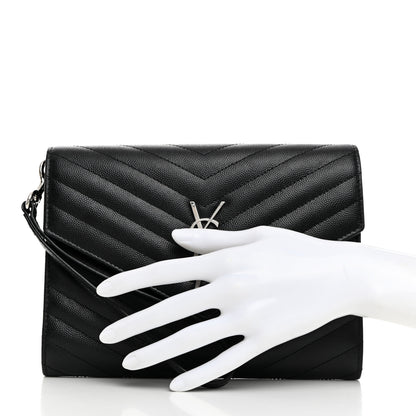 Saint Laurent Grain De Poudre Matelasse Chevron Monogram Envelope Clutch Black 2 of 8