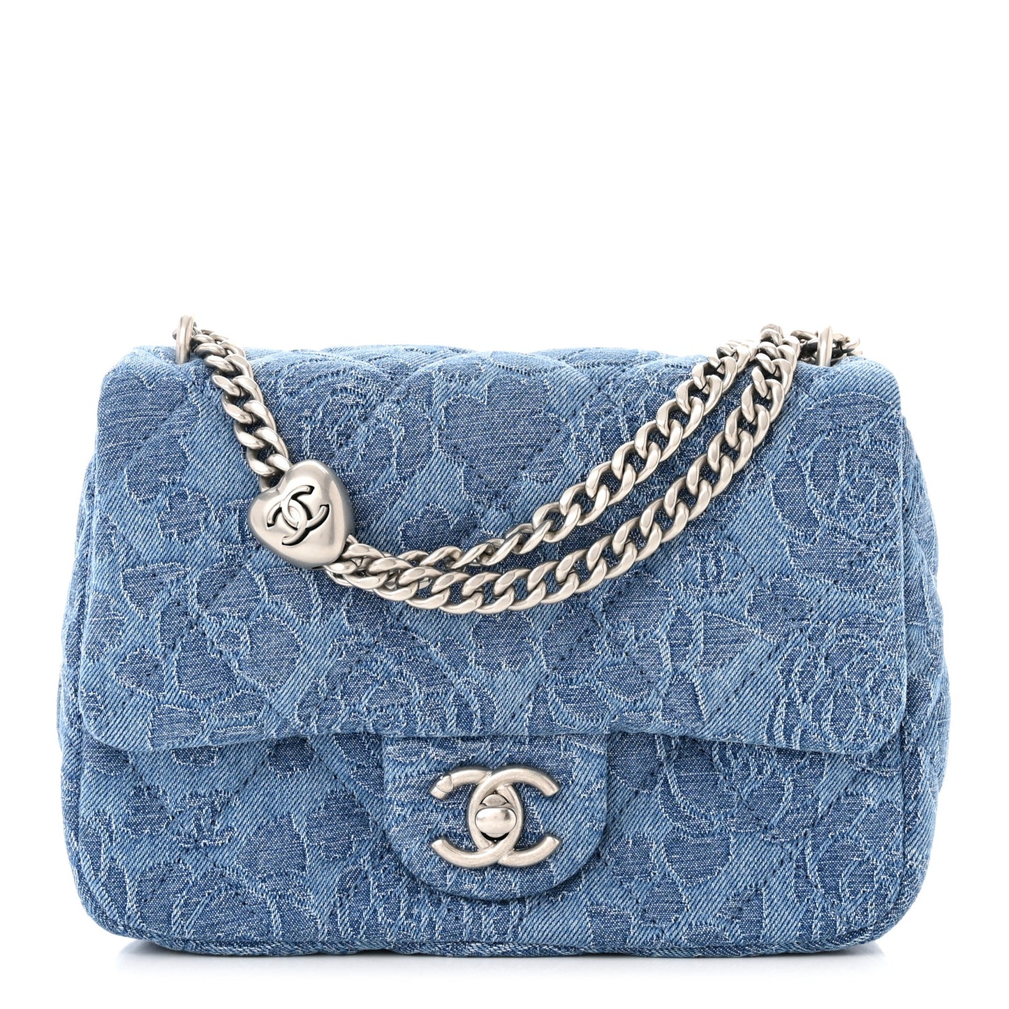 Denim Quilted Camellia Sweetheart Mini Flap Blue