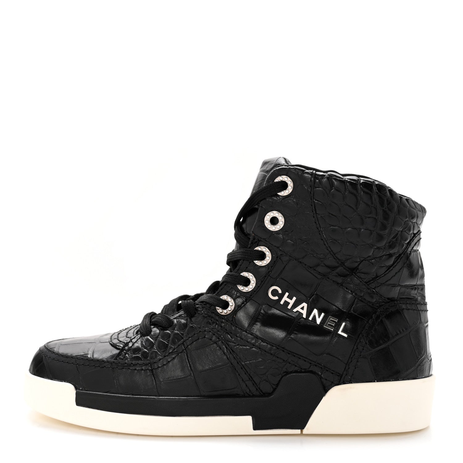 Chanel Calfskin Crocodile Embossed Cocodile High Top Sneakers 38 Black 1 of 11