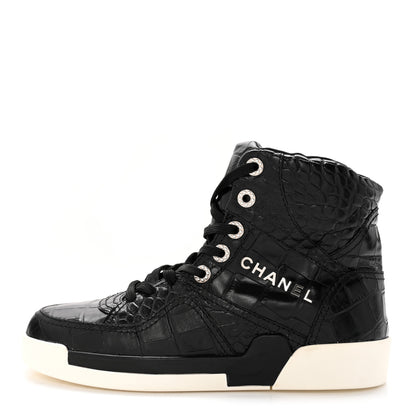 Chanel Calfskin Crocodile Embossed Cocodile High Top Sneakers 38 Black 1 of 11