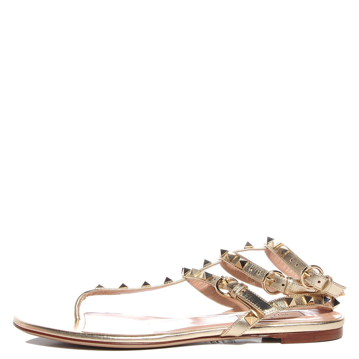 Metallic Nappa Rockstud Ankle Wrap Flat Thong Sandals 38.5 Platino