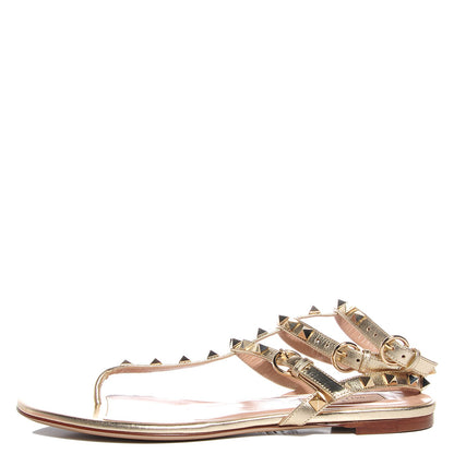 Valentino Garavani Metallic Nappa Rockstud Ankle Wrap Flat Thong Sandals 38.5 Platino 1 of 7