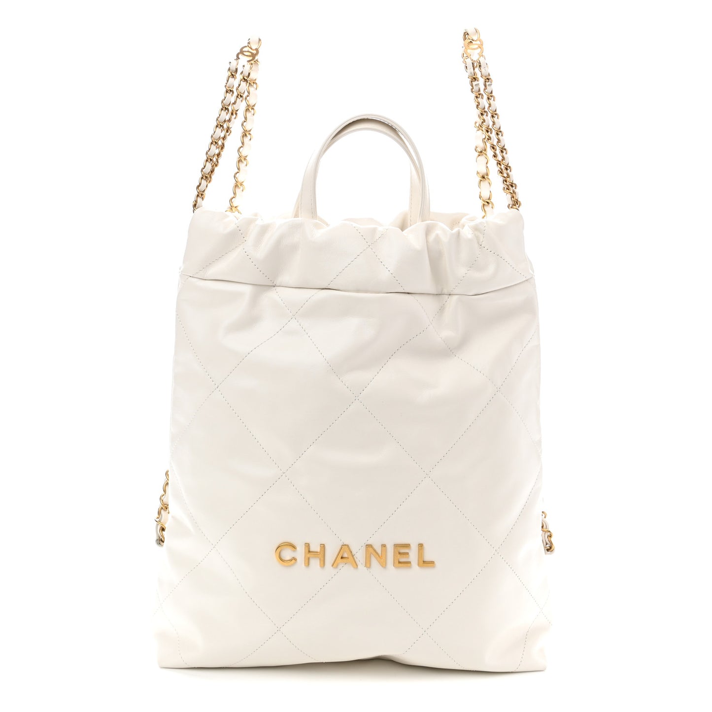 Shiny Calfskin Quilted Chanel 22 Backpack White