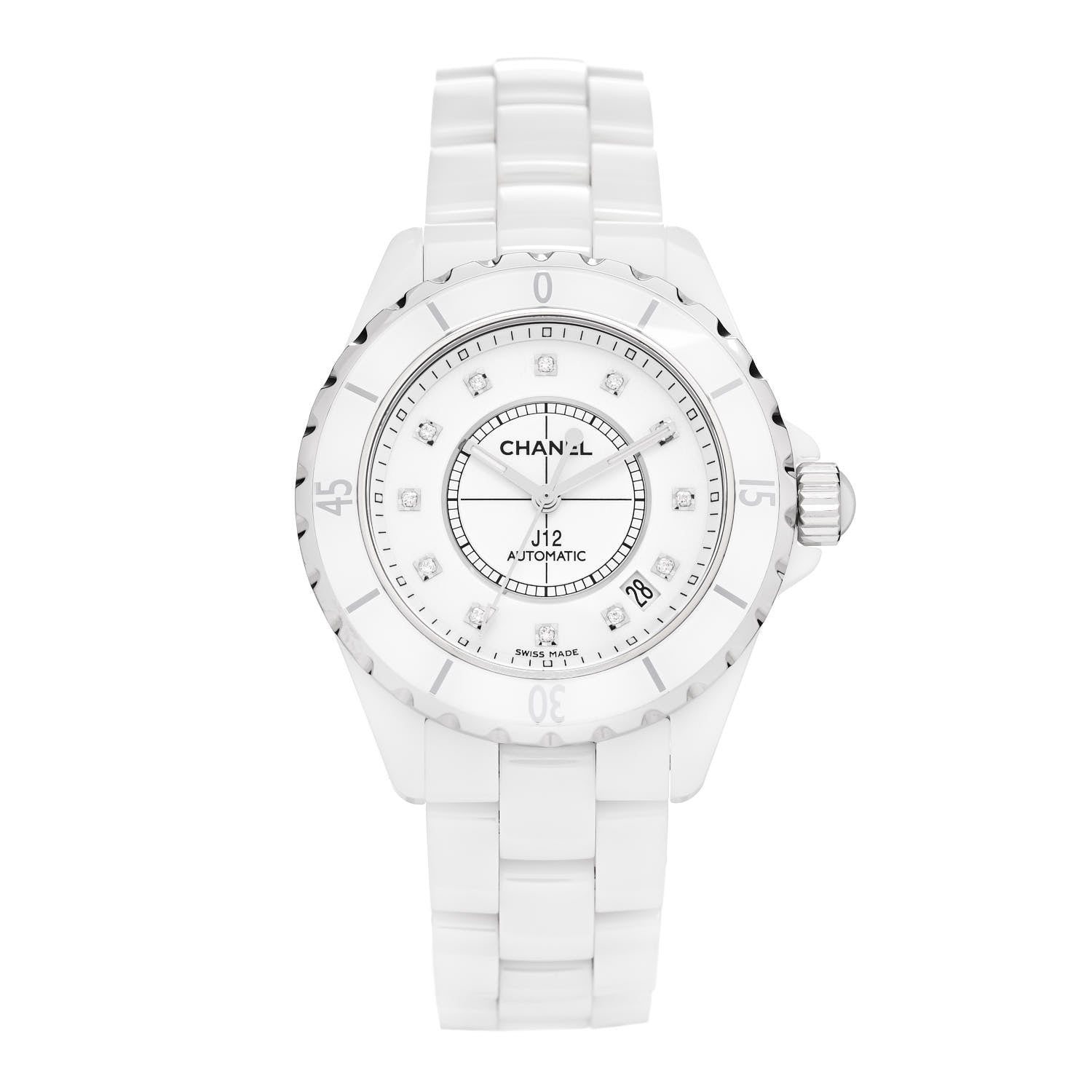 Chanel Stainless Steel Ceramic Diamond 38mm J12 Automatic Watch White 1 of 5