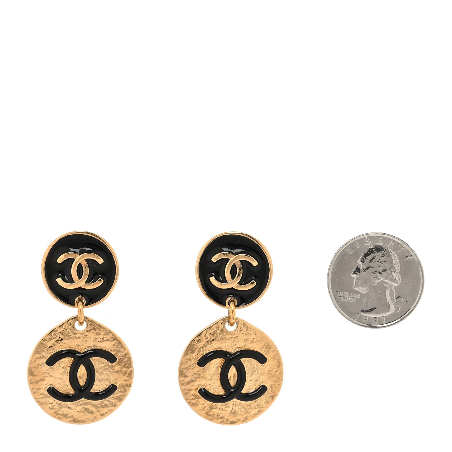 Enamel CC Disc Drop Earrings Gold Black