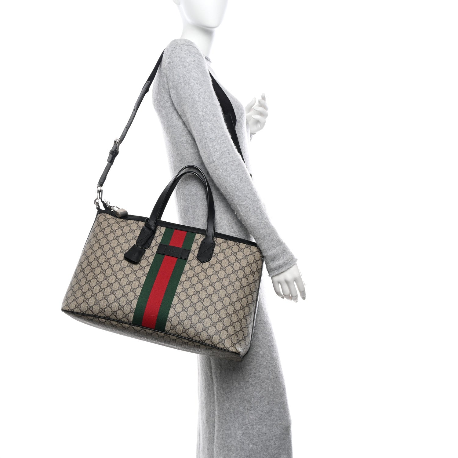 Gucci GG Supreme Monogram Web Medium Zippered Tote Beige Black 2 of 11