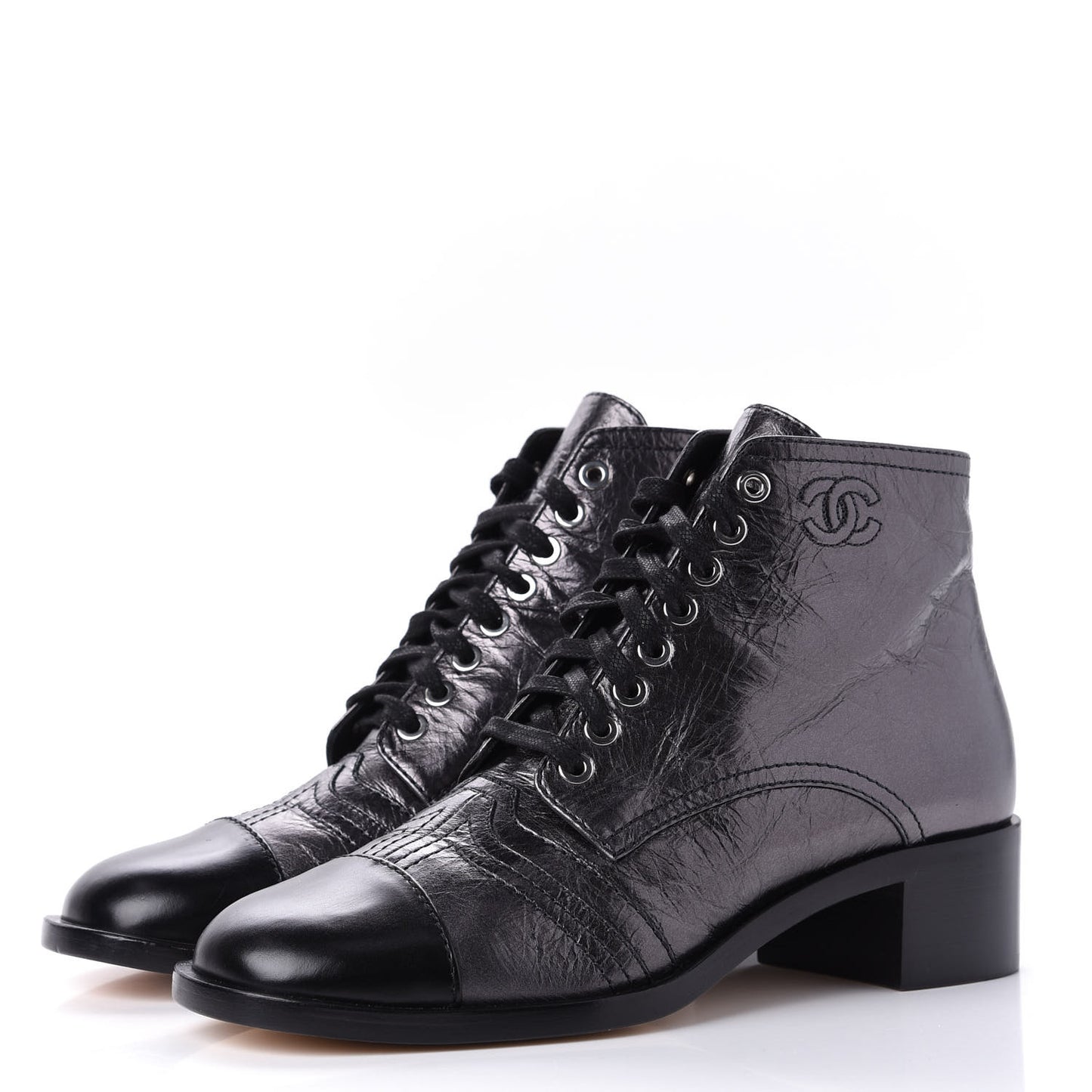 Metallic Calfskin CC Lace Up Boots 38.5 Silver Black