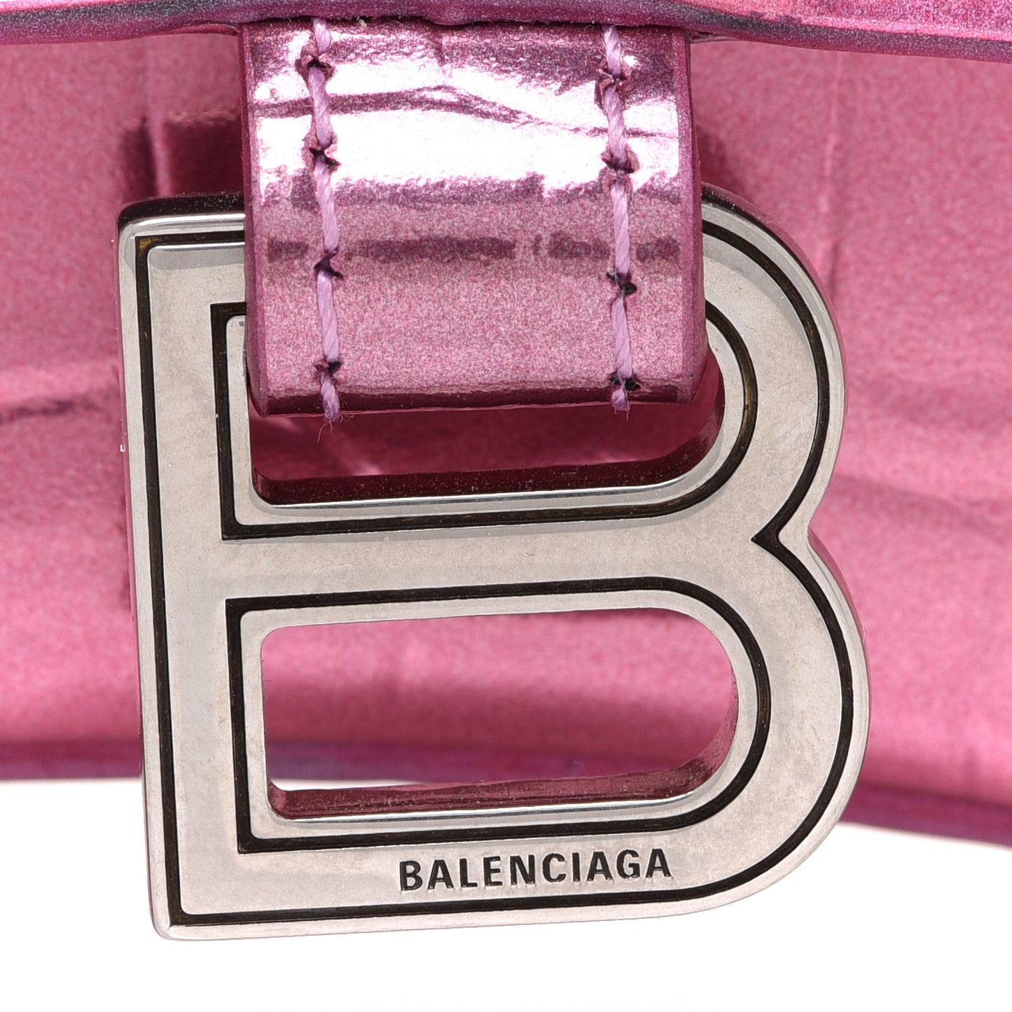 Metallic Calfskin Crocodile Embossed Hourglass Top Handle Bag Mini with Chain Pink