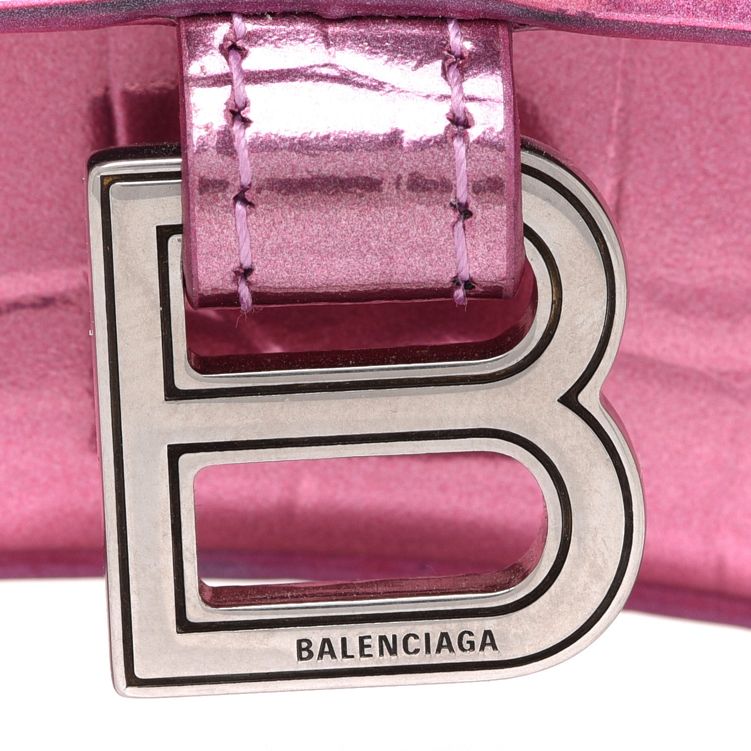 Balenciaga Metallic Calfskin Crocodile Embossed Hourglass Top Handle Bag Mini with Chain Pink 7 of 9