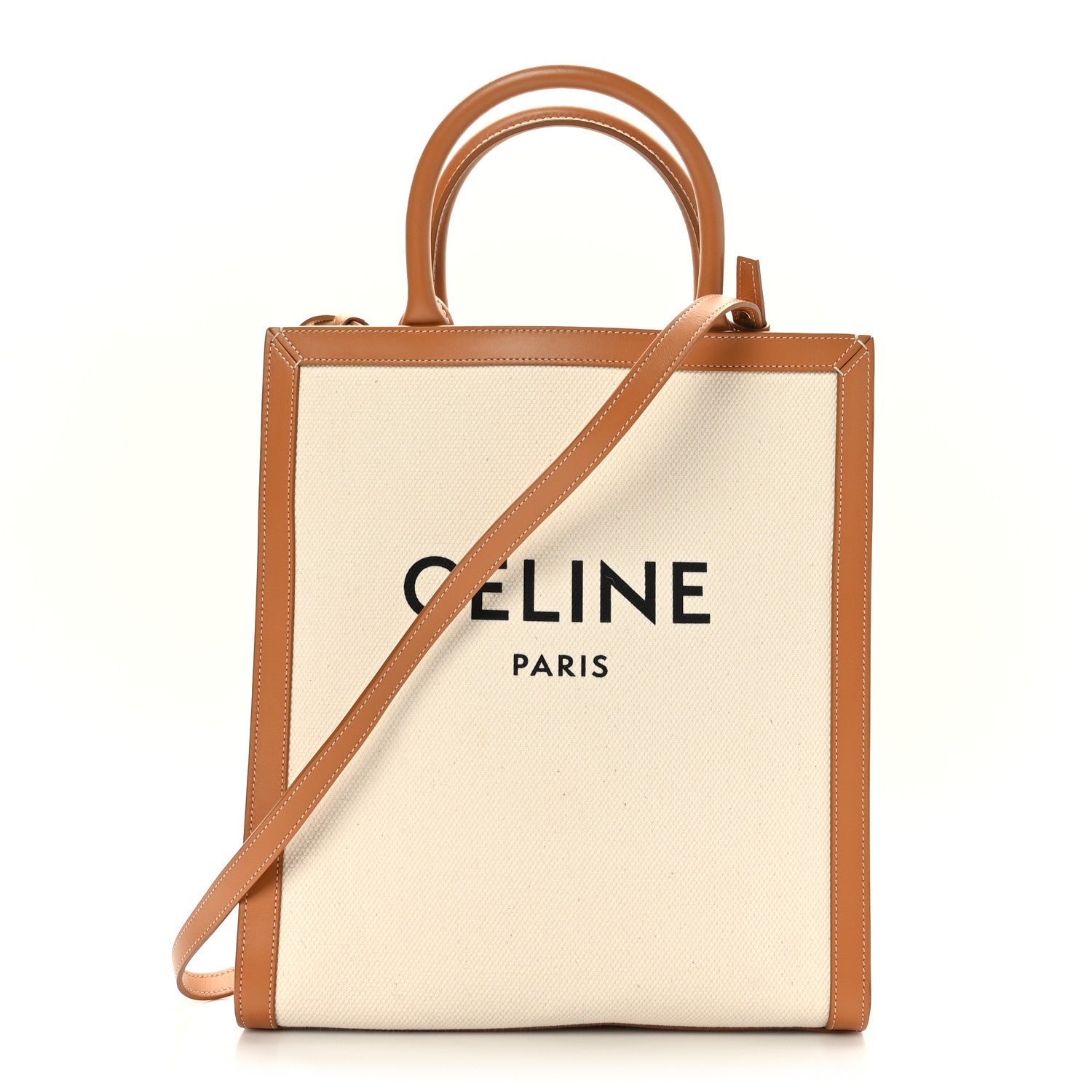 Celine Canvas Calfskin Logo Print Small Vertical Cabas Natural Tan 1 of 8