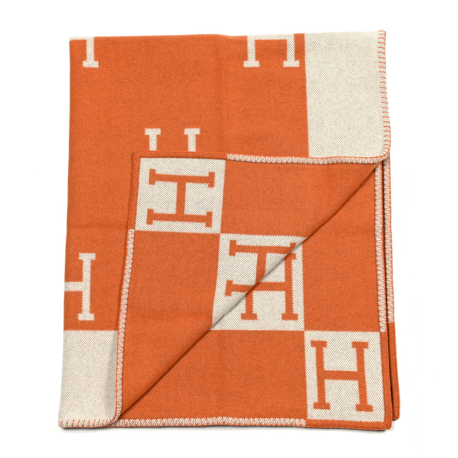 Hermes Wool Cashmere Signature Classic Avalon Blanket Ecru Potiron 2 of 3