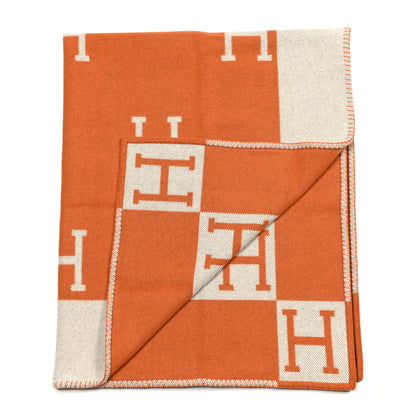 Hermes Wool Cashmere Signature Classic Avalon Blanket Ecru Potiron 2 of 3