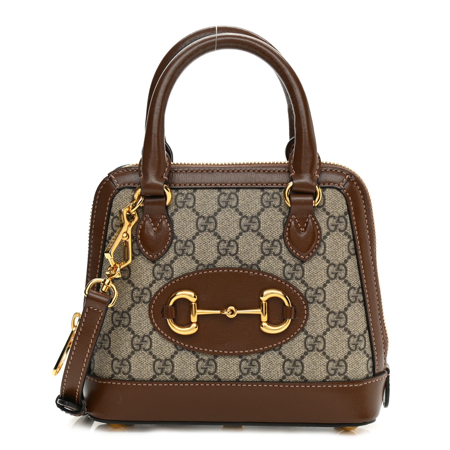 GG Supreme Monogram Azalea Calfskin Mini Horsebit 1955 Top Handle Bag Beige Ebony Brown Sugar