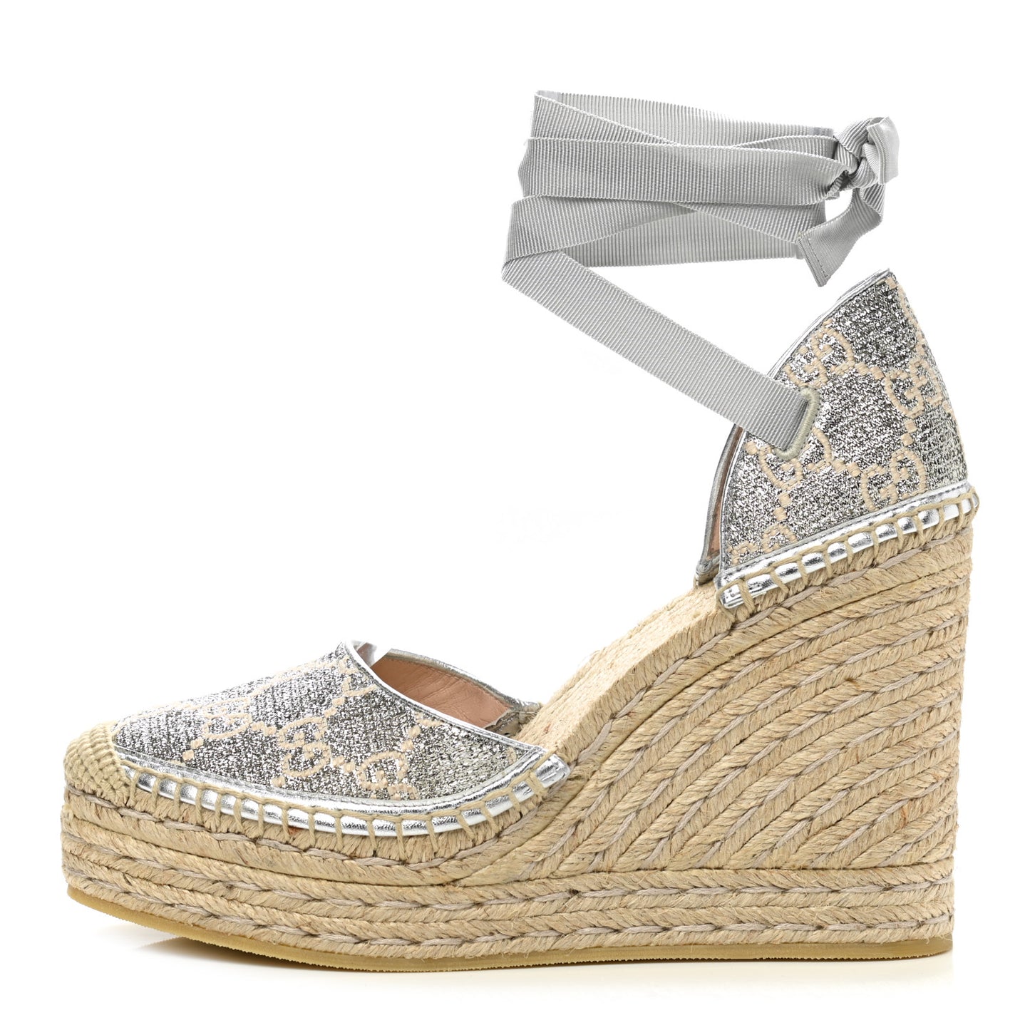 Lame GG Monogram Ankle Wrap Platform Espadrille Wedges 40 Silver Beige Light Grey