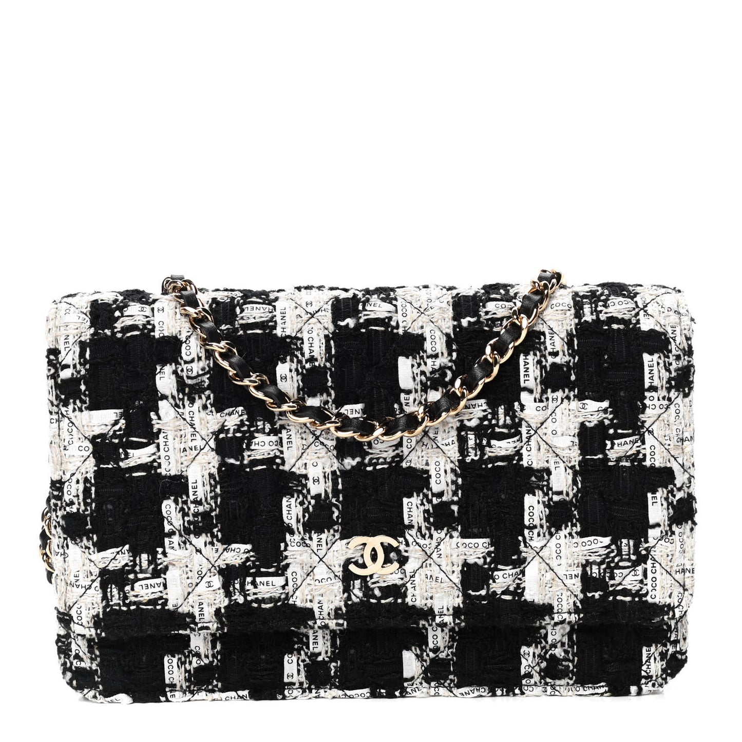 Tweed Quilted Wallet On Chain WOC Black Ecru White