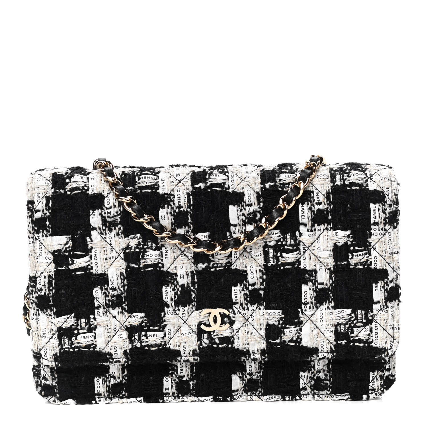 Chanel Tweed Quilted Wallet On Chain WOC Black Ecru White 1 of 4