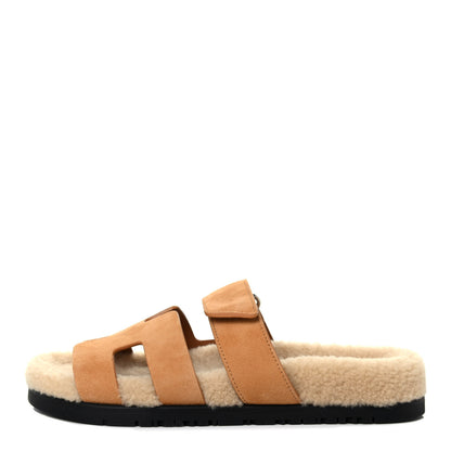 Hermes Suede Goatskin Woolskin Womens Chypre Sandals 37 Golden Beige 1 of 4