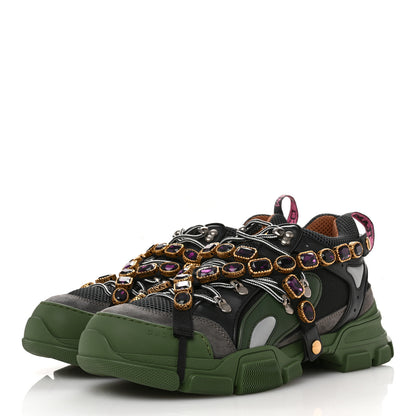 Gucci X SEGA Mesh Suede Calfskin Removable Crystals Mens Flashtrek Sneakers 12 Loess Black Olive Green 6 of 10