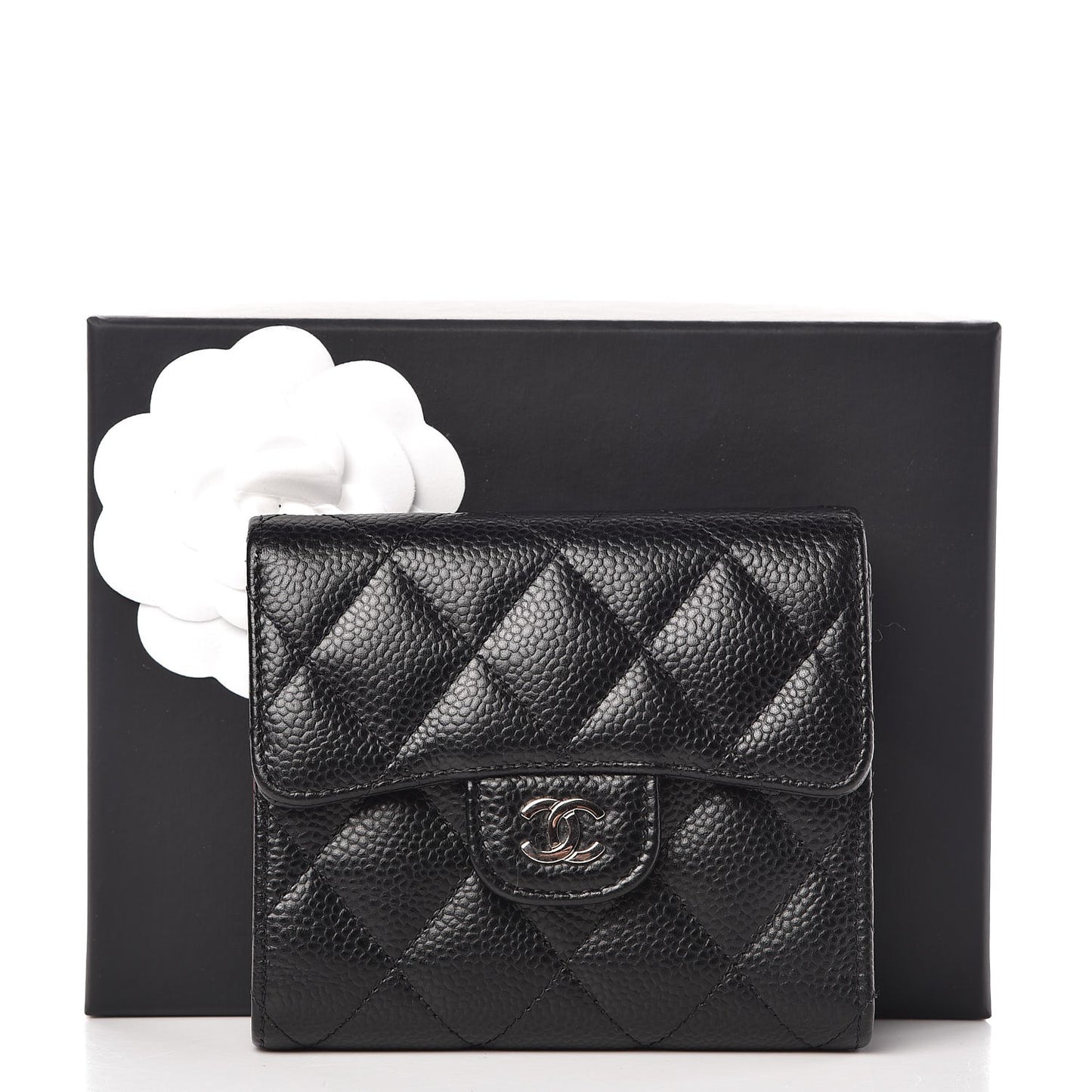 Caviar Quilted Compact Flap Wallet Black
