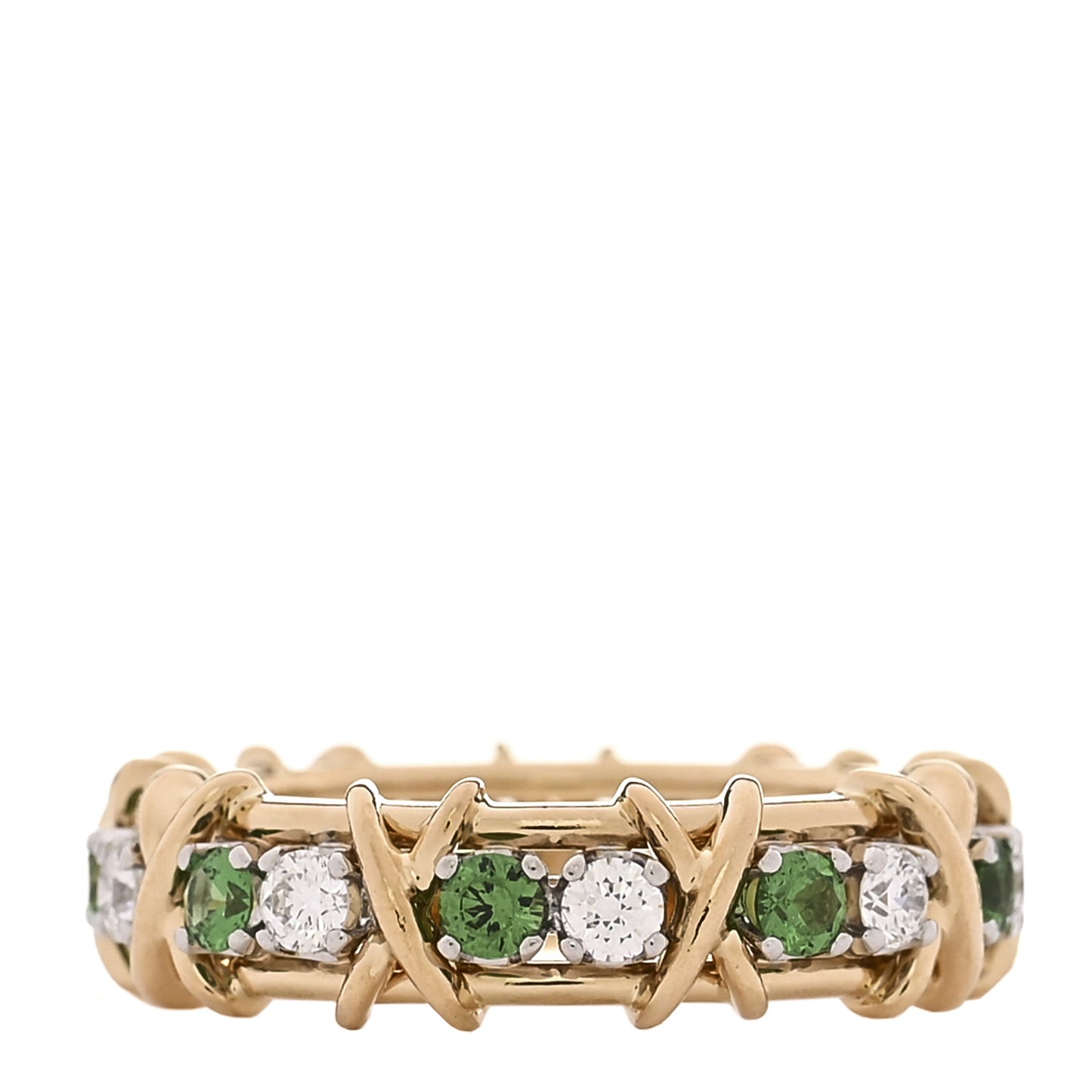 18K Yellow Gold Platinum Diamond Tsavorite Schlumberger Sixteen Stone Ring 60 9
