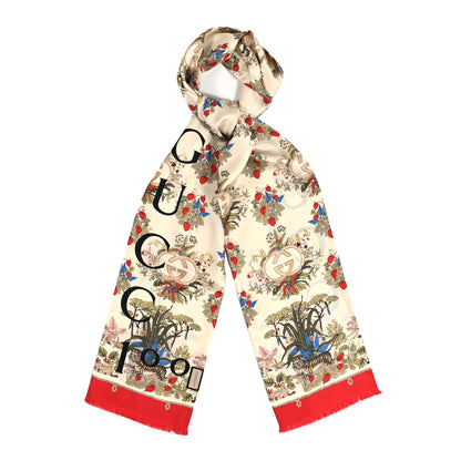 Gucci Silk Twill Lady Savanero Scarf Red Beige 1 of 3